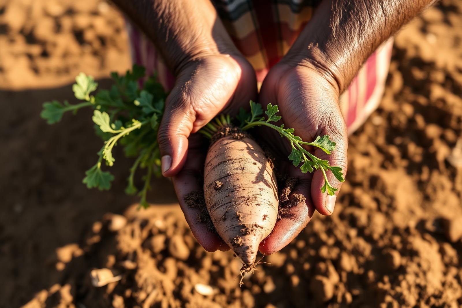 Egyptian farmer holding fresh sweet potato